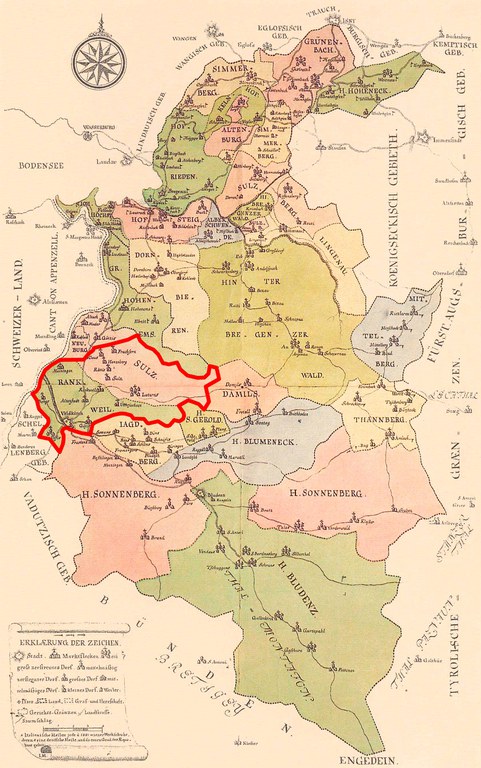 Vorarlberg 1783 und das Gebiet der heutigen Region Vorderland-Feldkirch (rote Markierung)