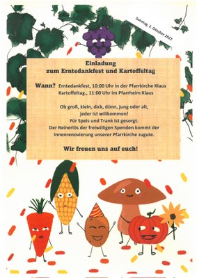 Die Pfarre Klaus lädt zum Erntedankfest und Kartoffeltag am Sonntag, den 2.10.20202 ein!