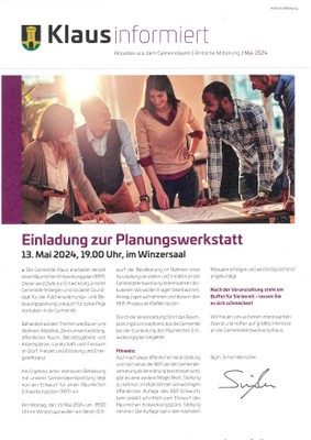 Einladung zur Planungswerkstatt  - 13. Mai 2024 um 19.00 Uhr im Winzersaal.