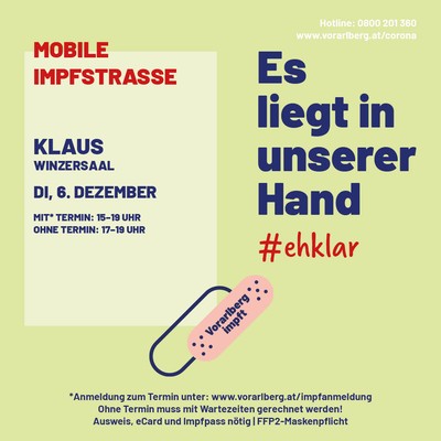 Mobile Impfstraße in Klaus im Winzersaal, 6. Dezember