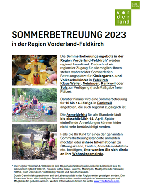 Sommerbetreuung 2023 in der Region Vorderland-Feldkirch
